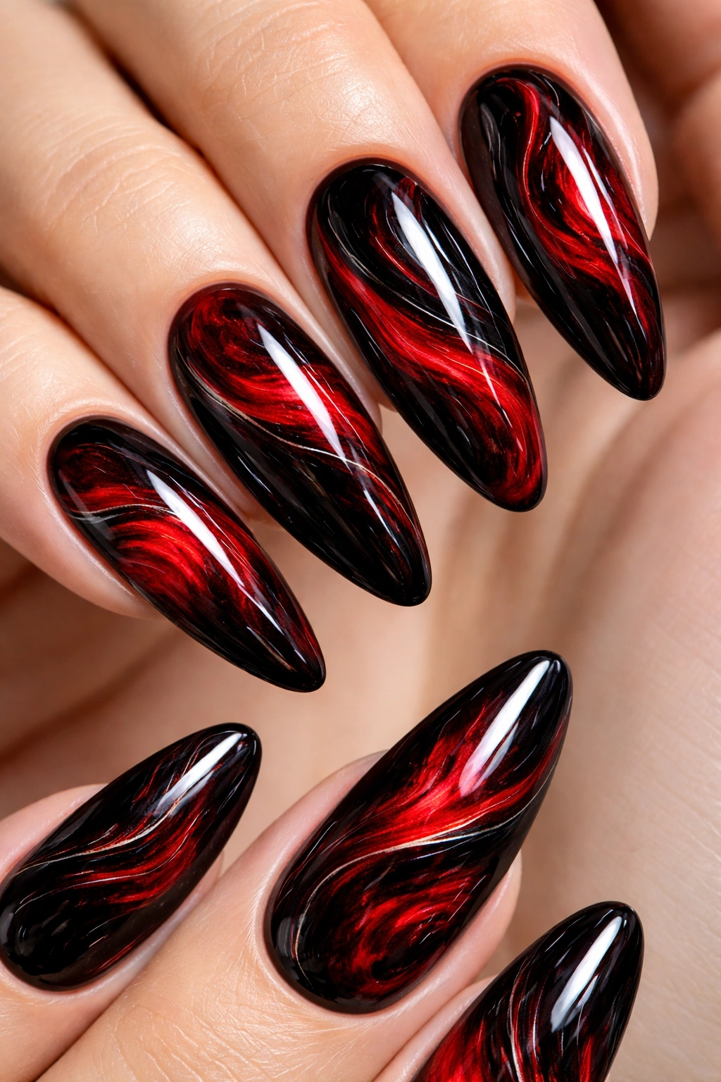 Close-up of nails with red and black marble swirl pattern