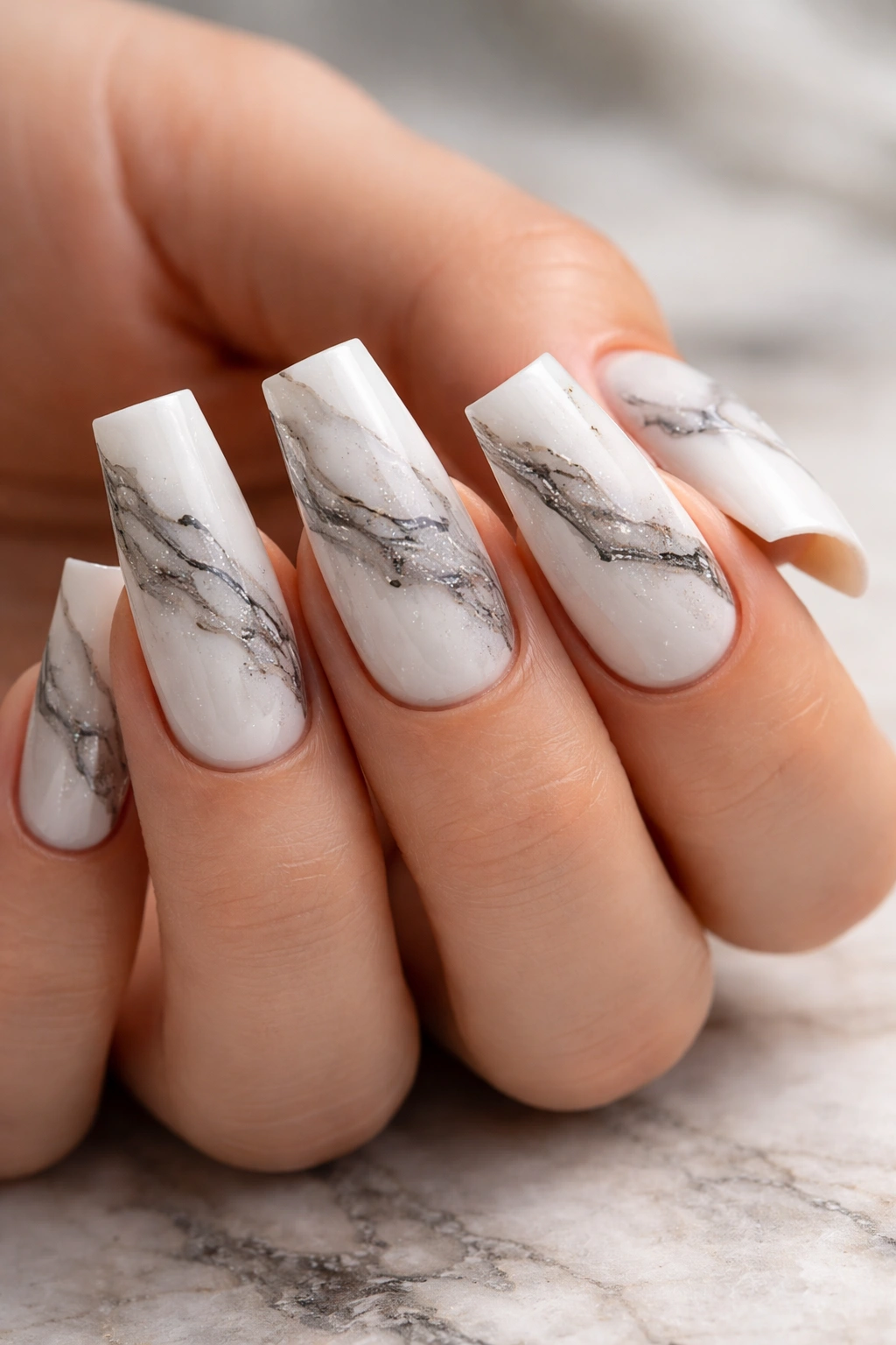 Reverse duck nails with marble texture featuring white base and gray veining