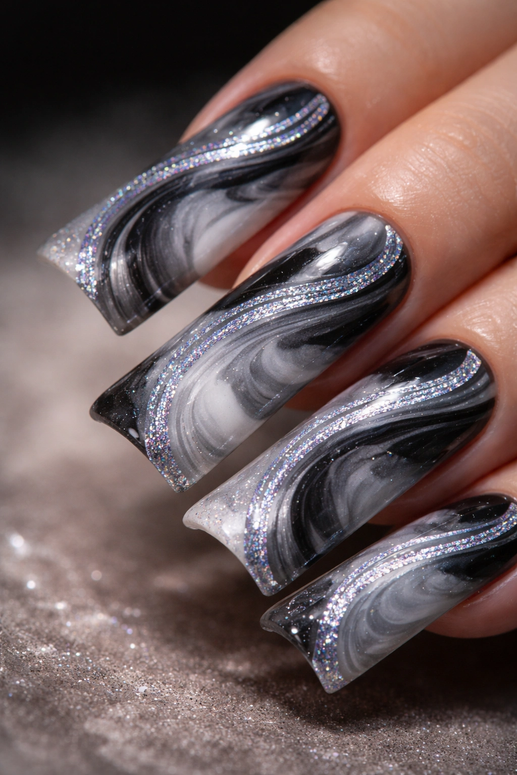 Duck nail with black white grey marble swirl and iridescent sparkle accents