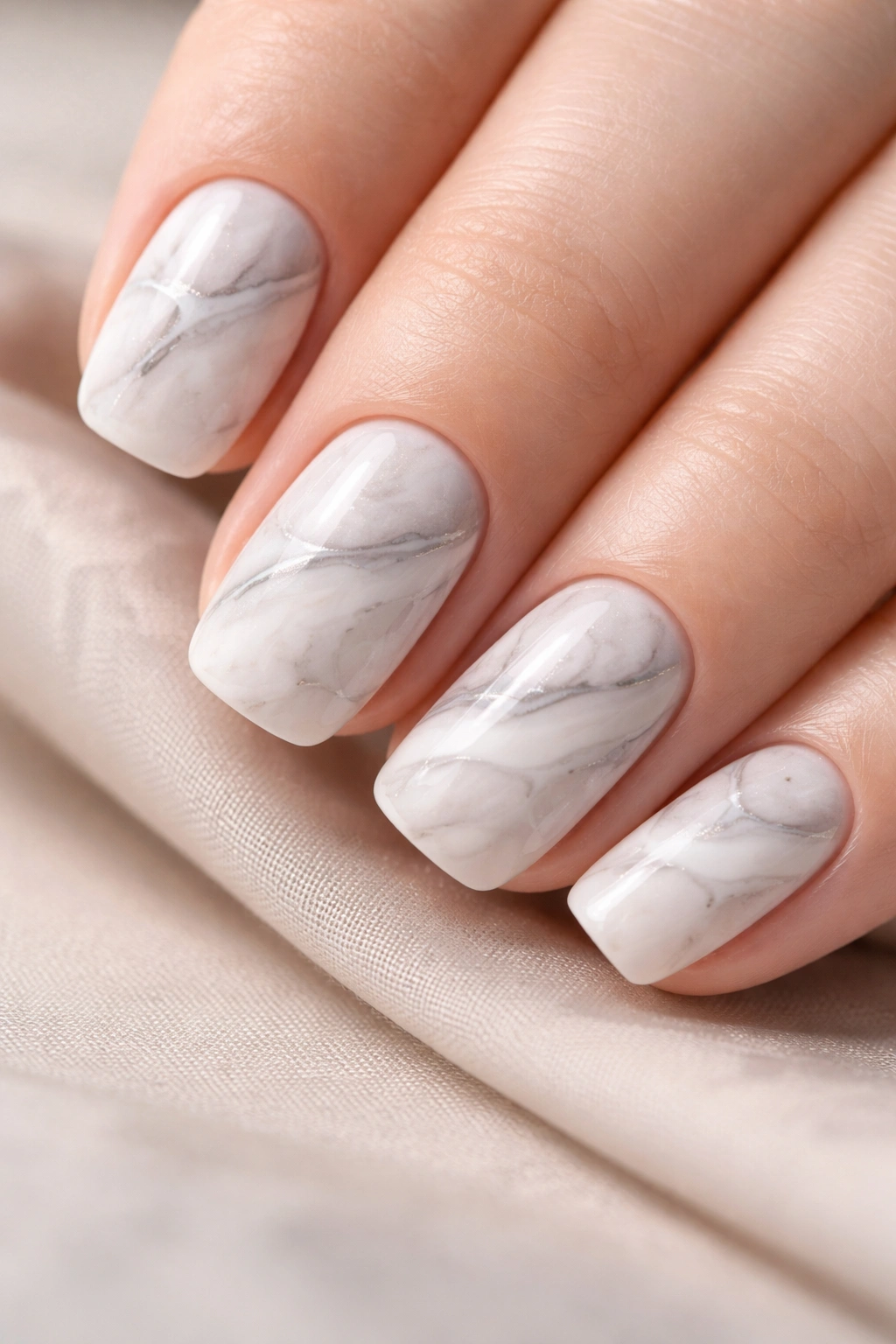 Close-up of short squoval nails with white and grey marble swirl pattern and veining