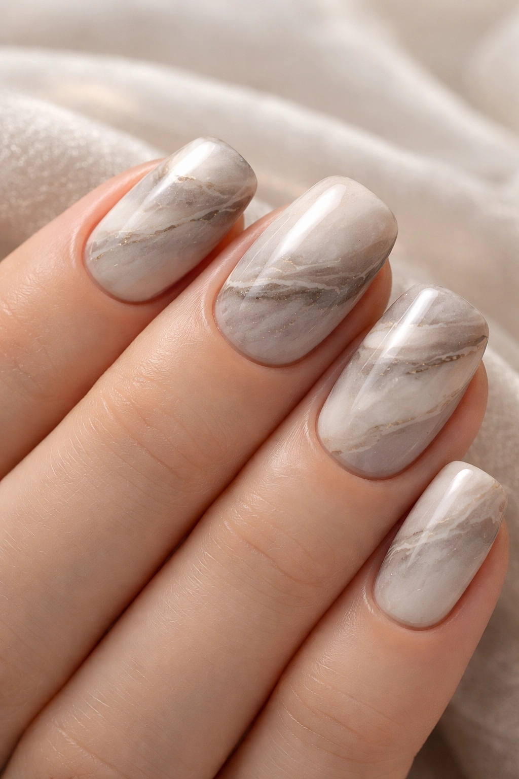 Close-up of short squoval nails with soft marble pattern in grey and cream