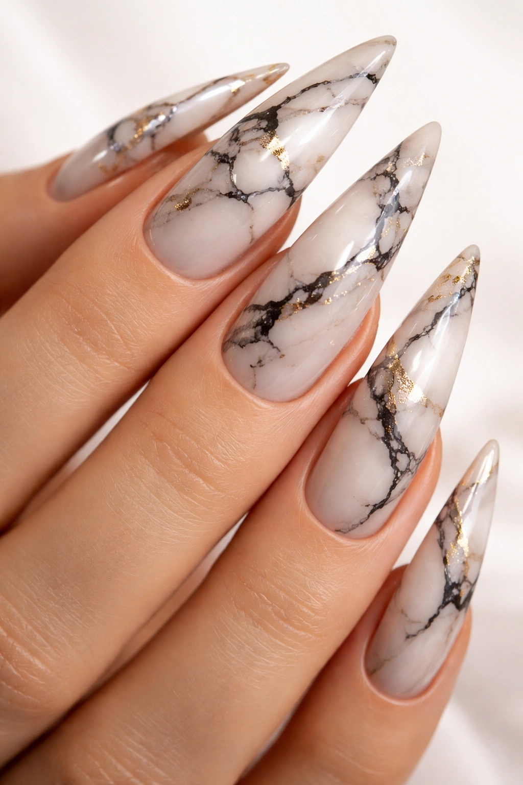 Close-up of stiletto nails with marble veining and gold accents on a neutral background