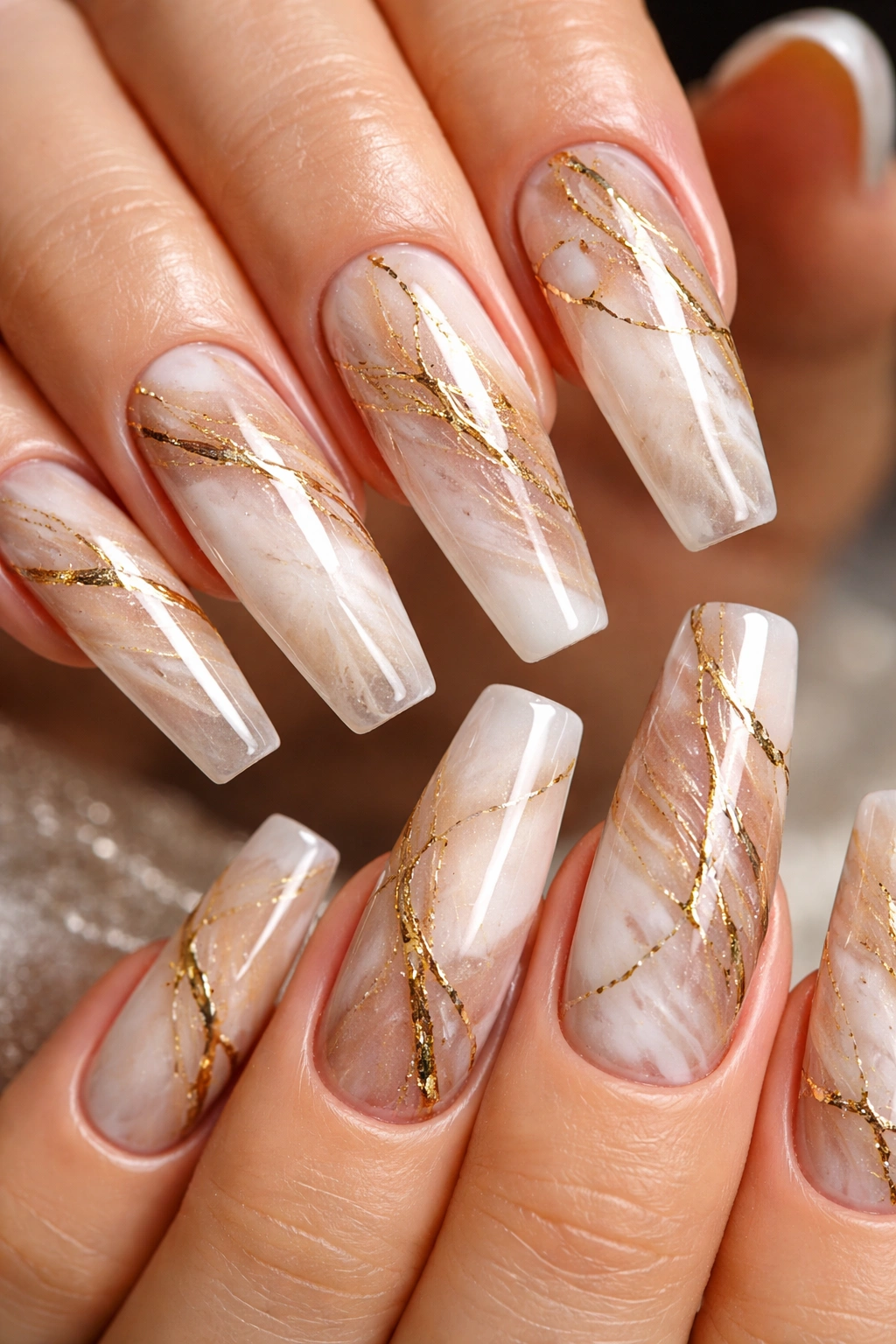 Marble nails with metallic veins on long nails