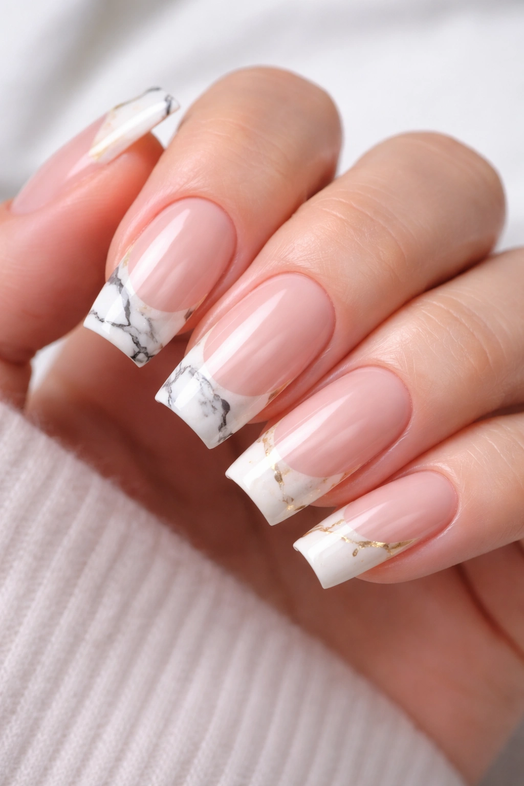 Close-up of soft square nails with marble pattern on the French tips.