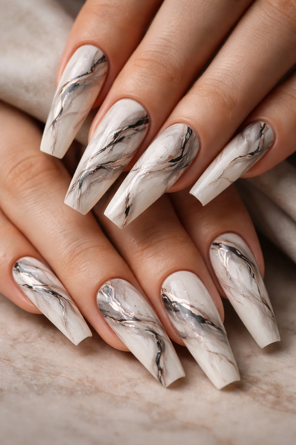 Marble swirl coffin nails with white base and black gray veining