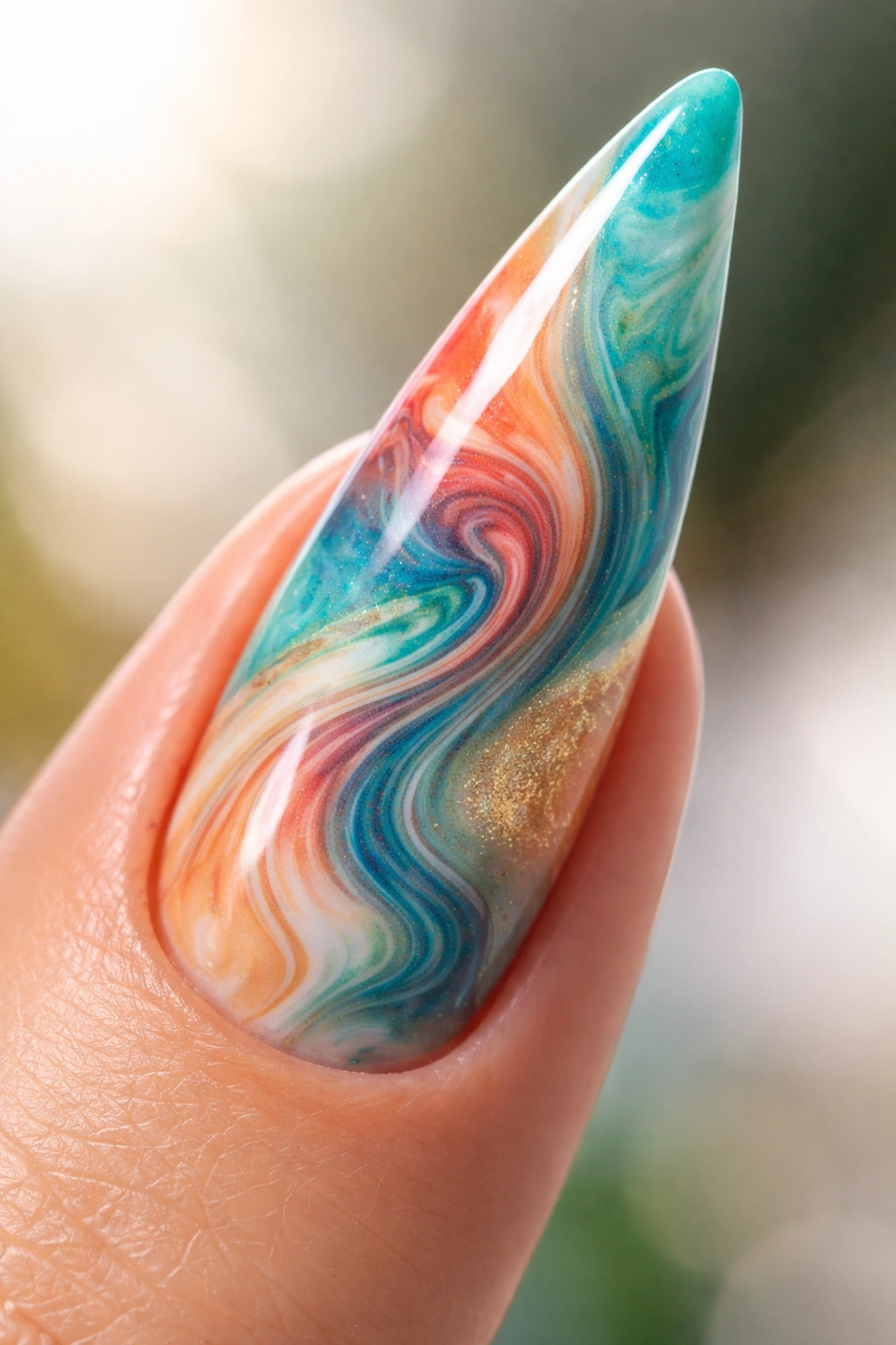 Close-up of a single stiletto nail with marbled tropical colors in turquoise, coral, and sandy tones
