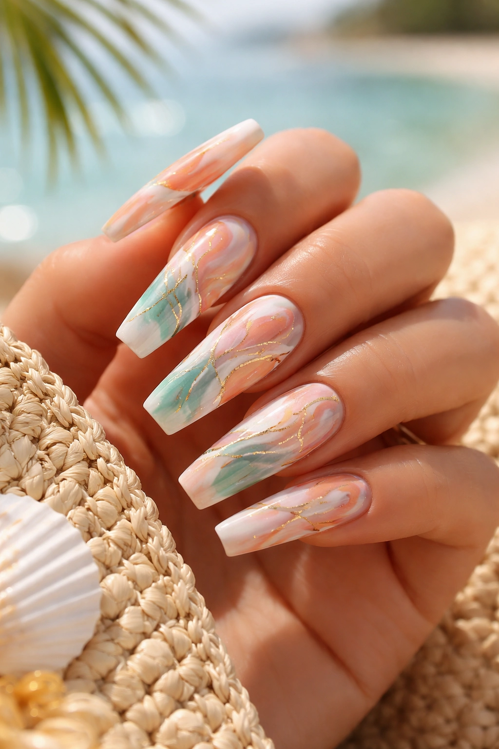 Coffin nails with peach and teal marble patterns with gold veining.
