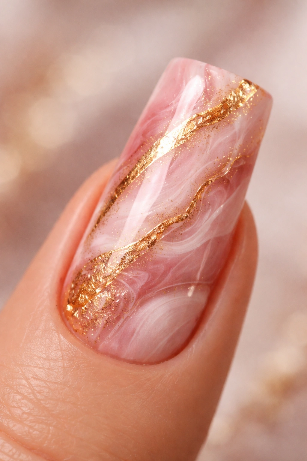 Close-up of a marbled pink and gold duck nail