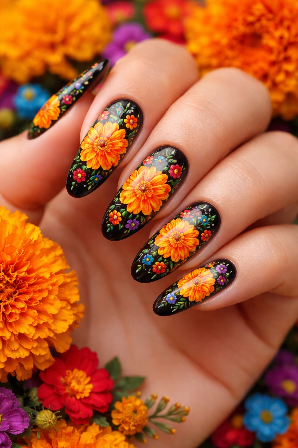 Close-up nails with marigold flowers on a dark base in vibrant orange and yellow hues.