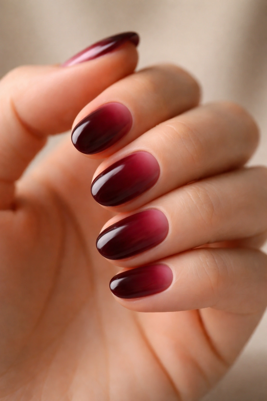 Maroon aura nails on short oval nails with soft diffuse glow