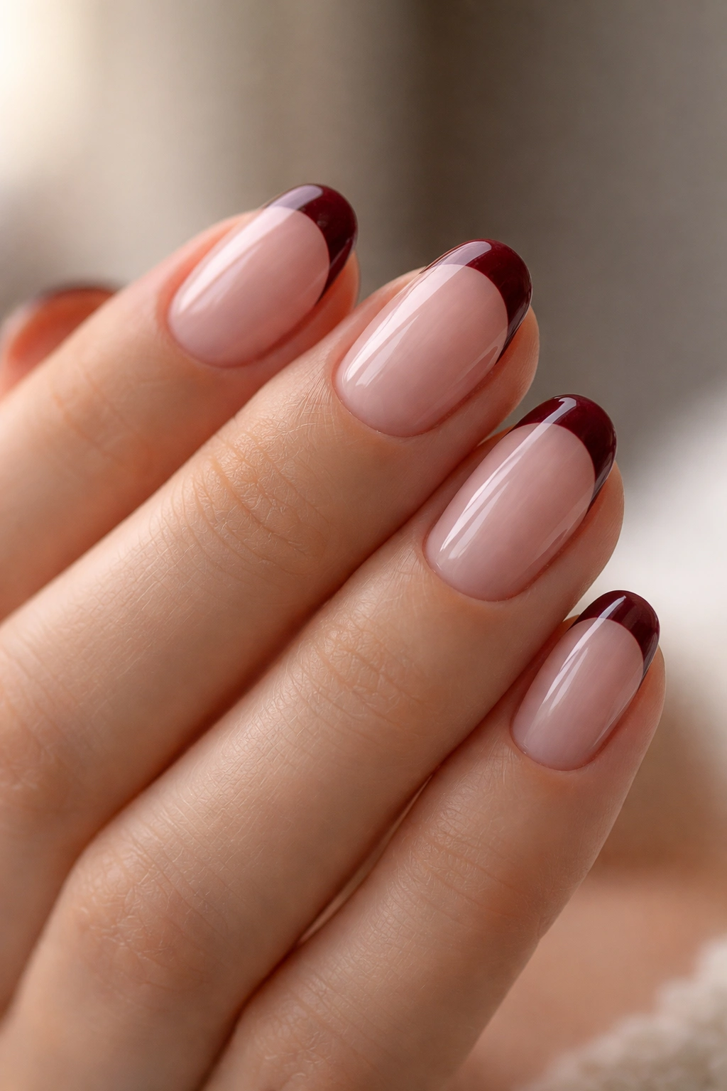 Short oval nails with sheer pink base and maroon French tips