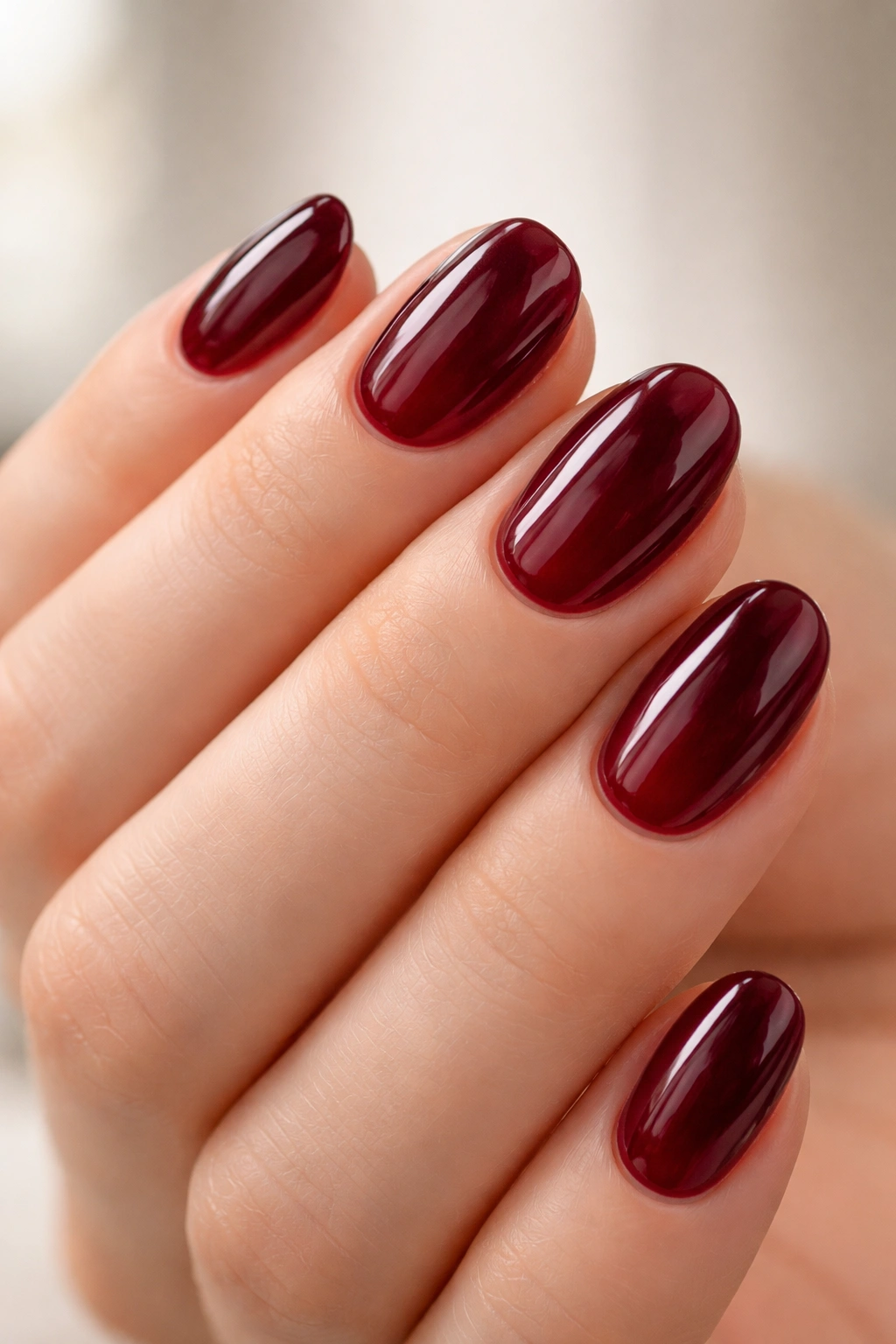 Close-up of maroon jelly nails on short oval nails with a sheer glossy finish