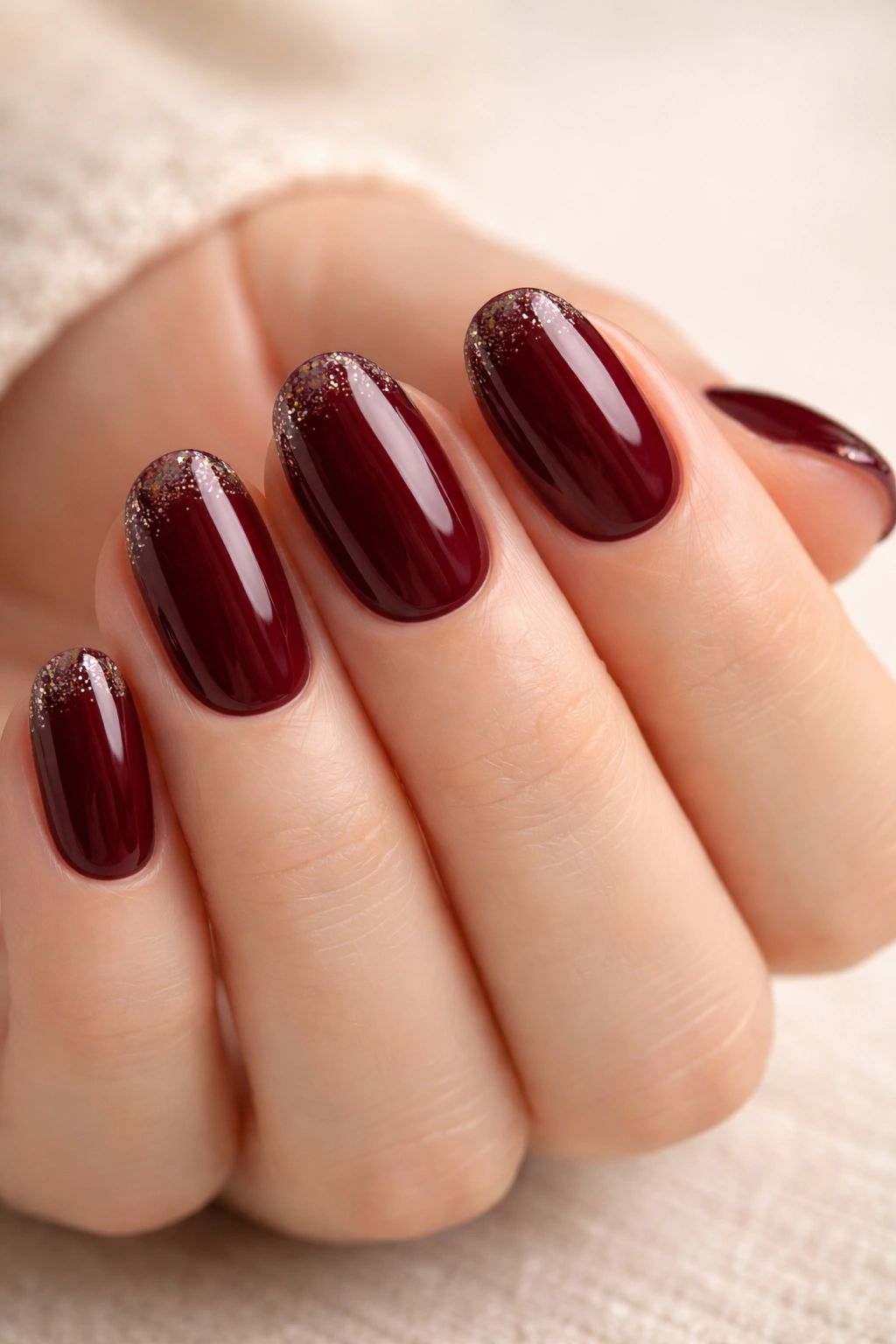 Close-up of maroon nails with glitter tips on short oval nails