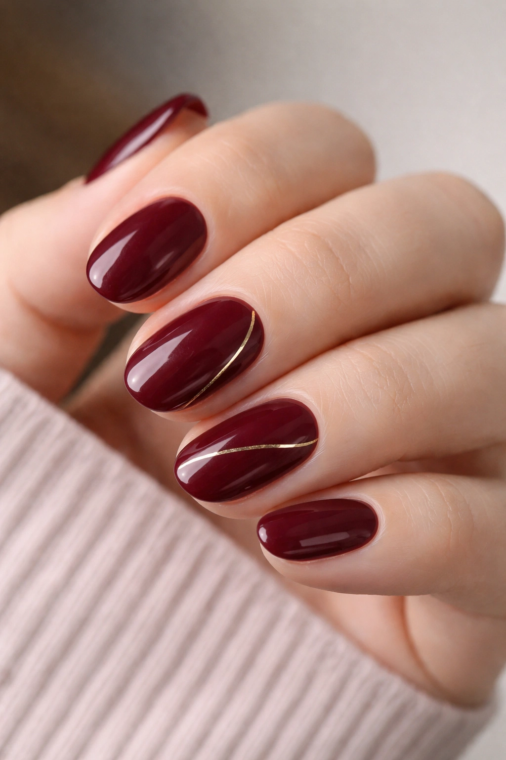 Maroon short oval nails with subtle gold line art
