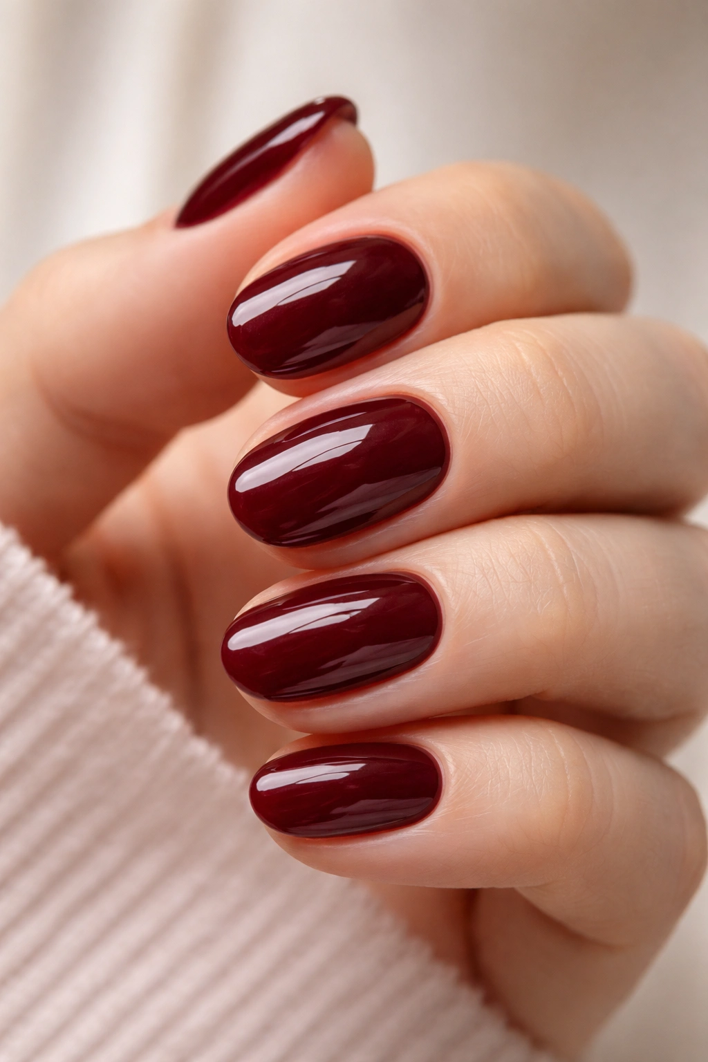 Close-up of short oval nails with high-gloss maroon finish