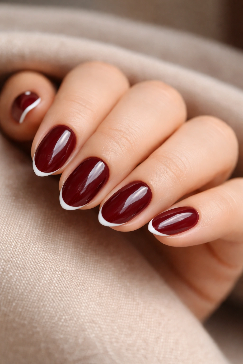 Close-up of short almond nails with maroon base and white micro French tips