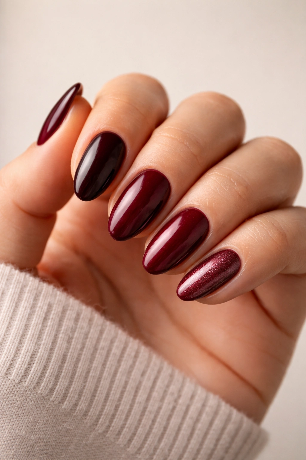 Hand with short almond nails each painted a different maroon shade on a neutral background