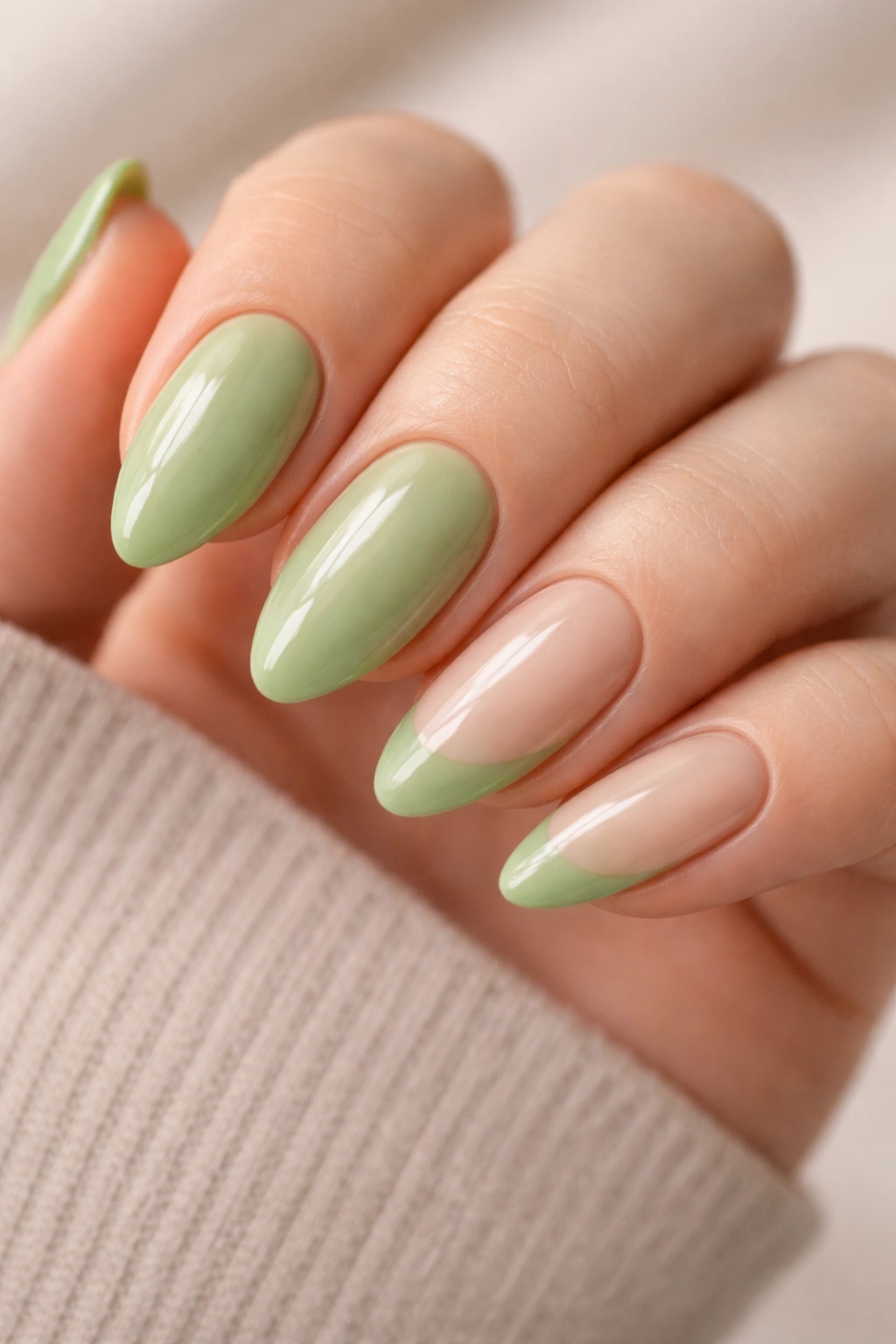 Close-up of almond nails in soft matcha green with full-coverage and French-tip nails.