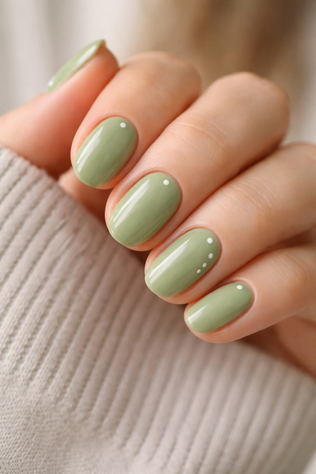Close-up of short oval nails in matcha green with tiny dot accents.