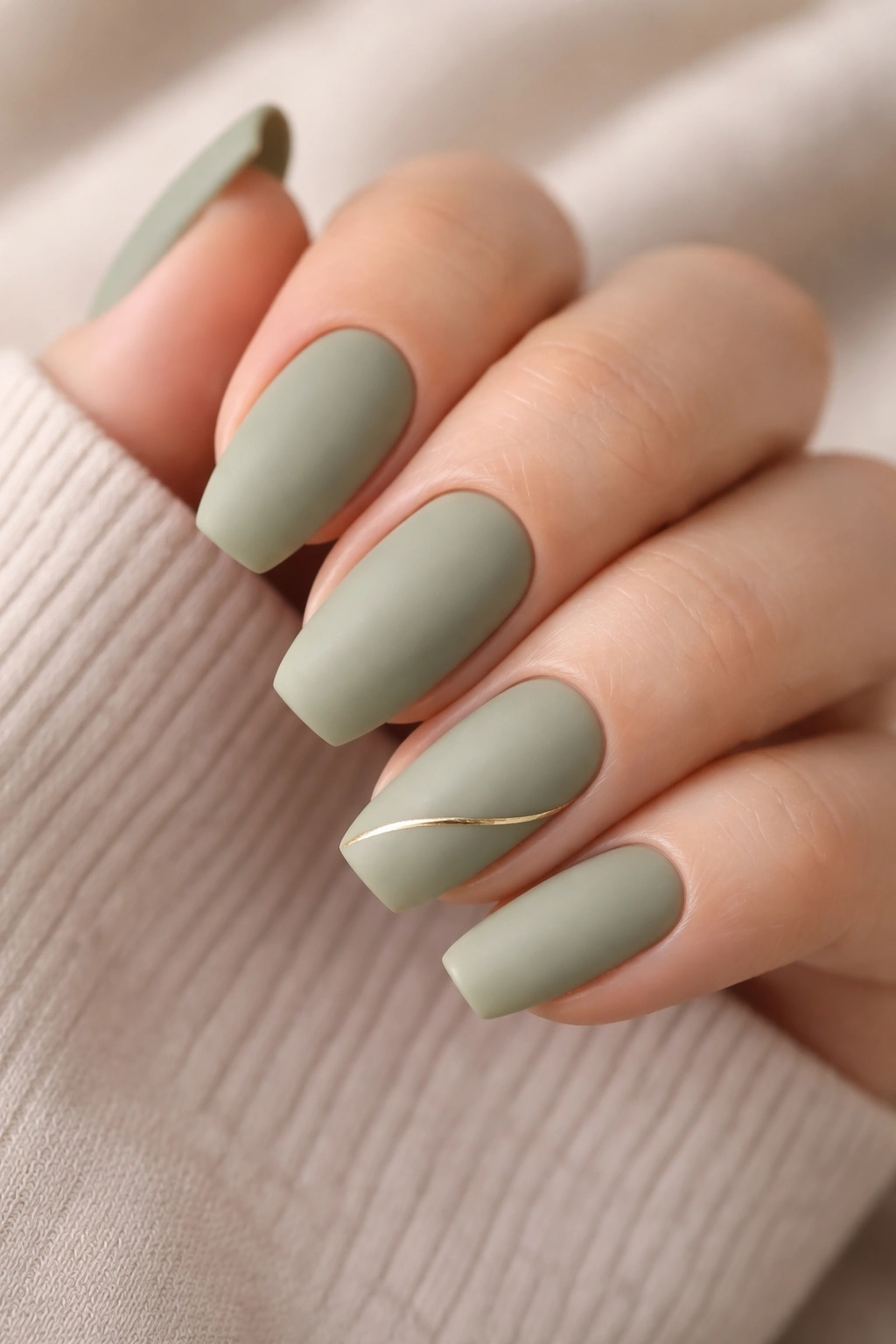 Matte sage-green acrylic nails with subtle gold accent on one nail