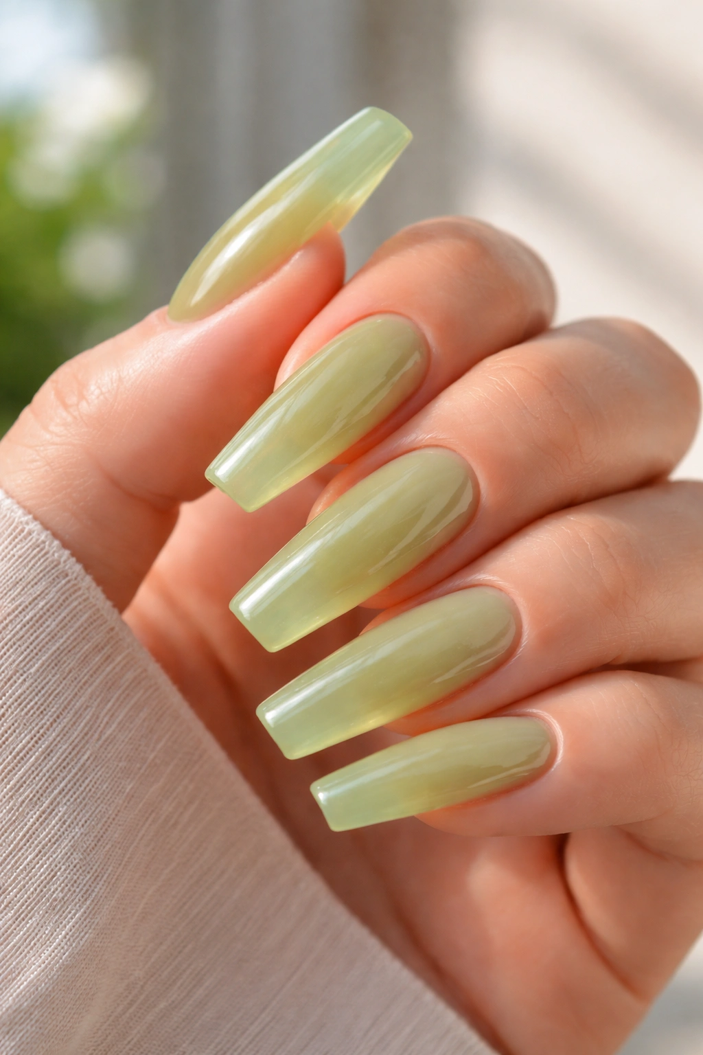 Translucent matcha jelly ballerina nails with glassy finish