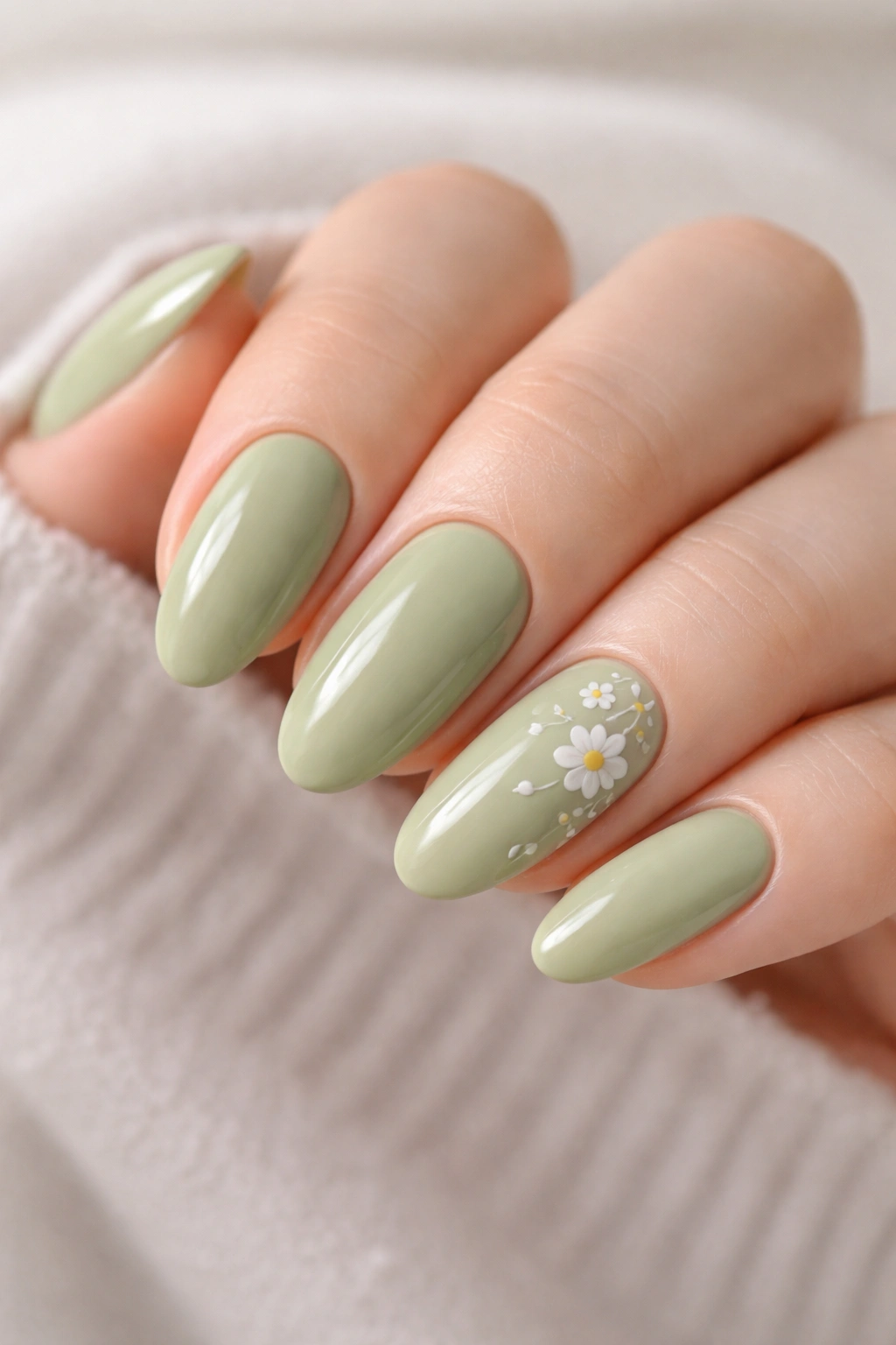 Nails painted in creamy muted green matcha latte shade