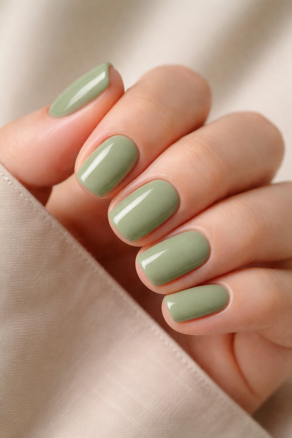 Close-up of short nails painted Matcha Latte Green in a solid color