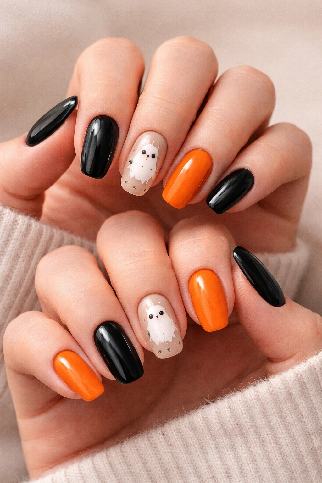 Two hands with identical Halloween nail designs in black and orange with ghost motifs