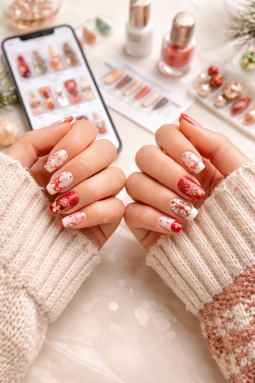 Two hands with coordinated manicures on a soft neutral background