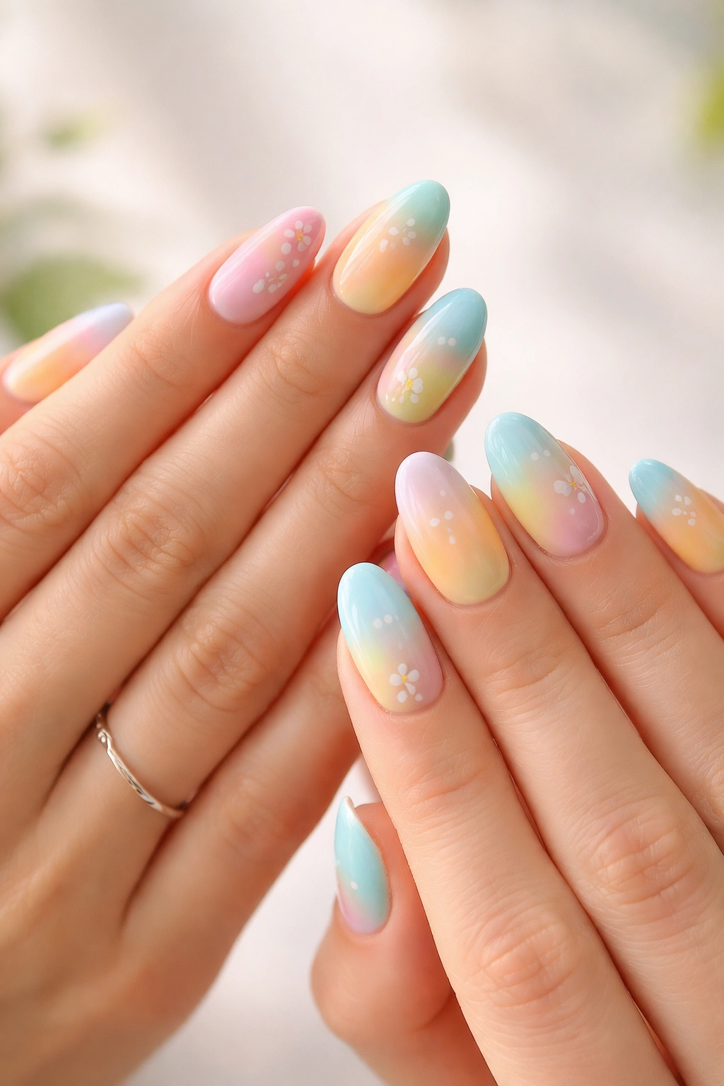 Close-up of two hands with matching summer nails on a neutral background, highlighting friendship and coordinated manicure