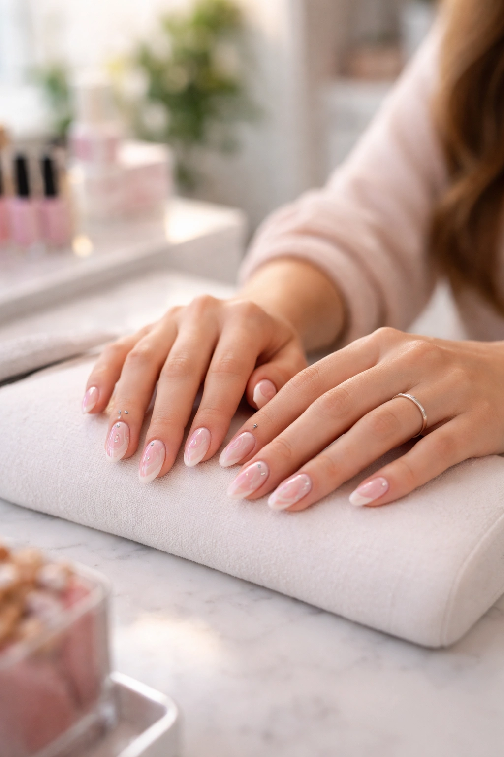 Two hands with matching nails in a salon, representing making decisions about coordinated designs together.