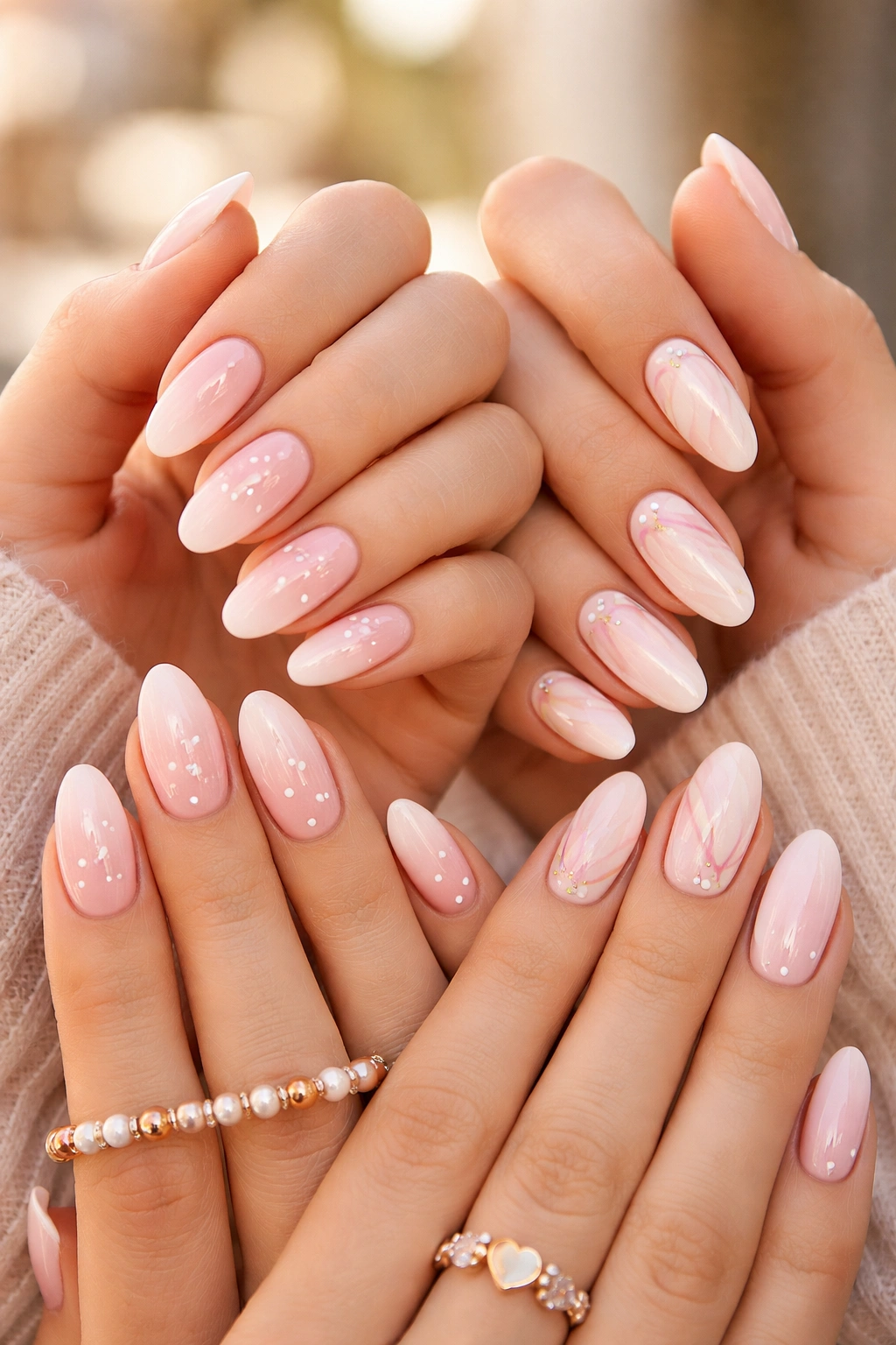 Close-up of two hands with matching nail designs emphasizing coordinated manicures