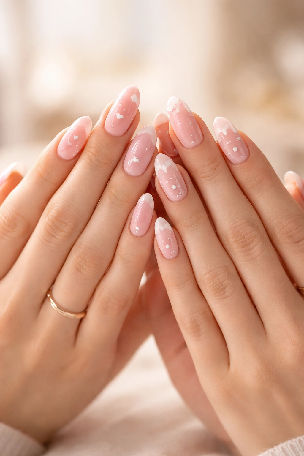 Two friends' matching gel nails symbolizing friendship