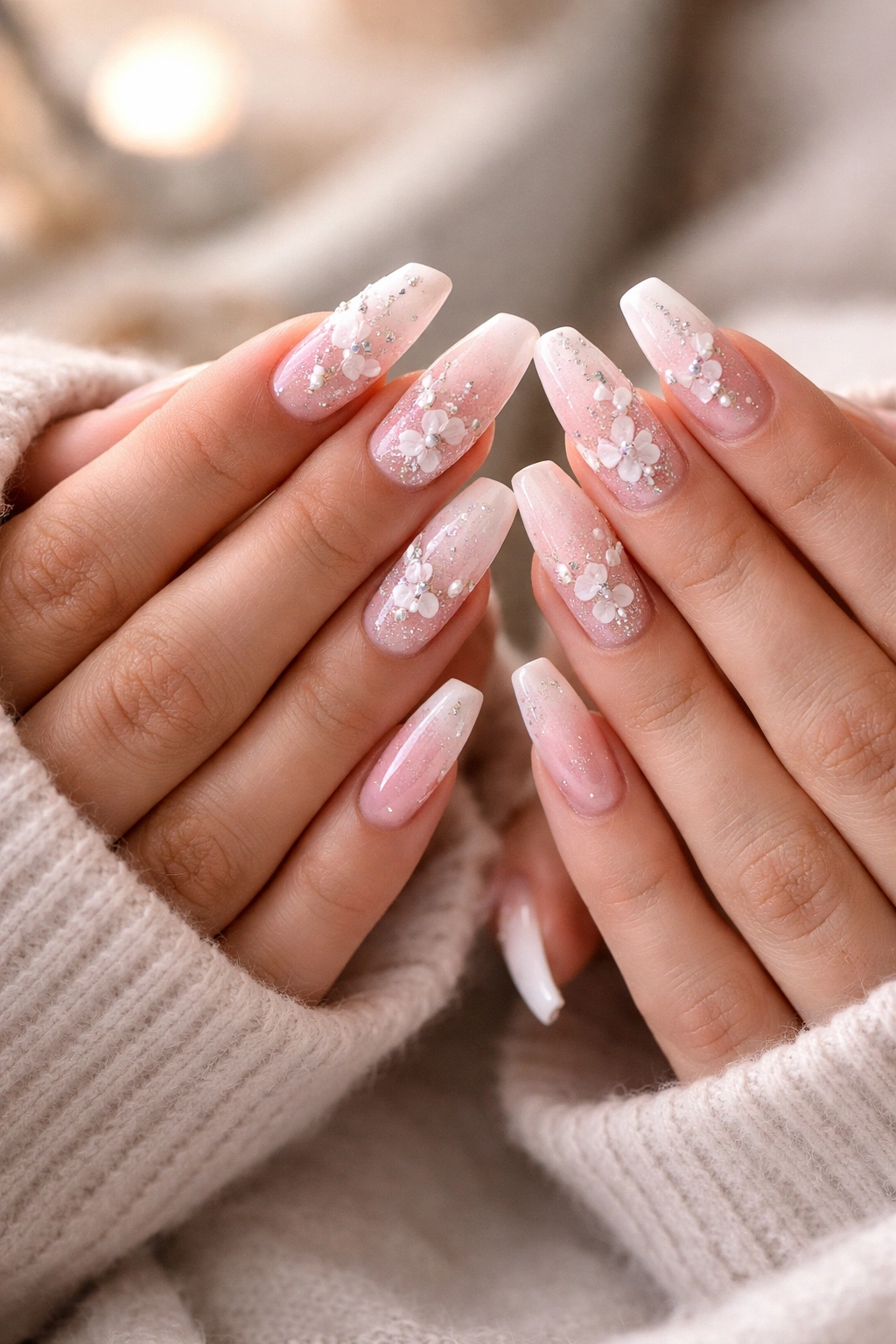 Two hands with matching acrylic nails resting together to symbolize friendship