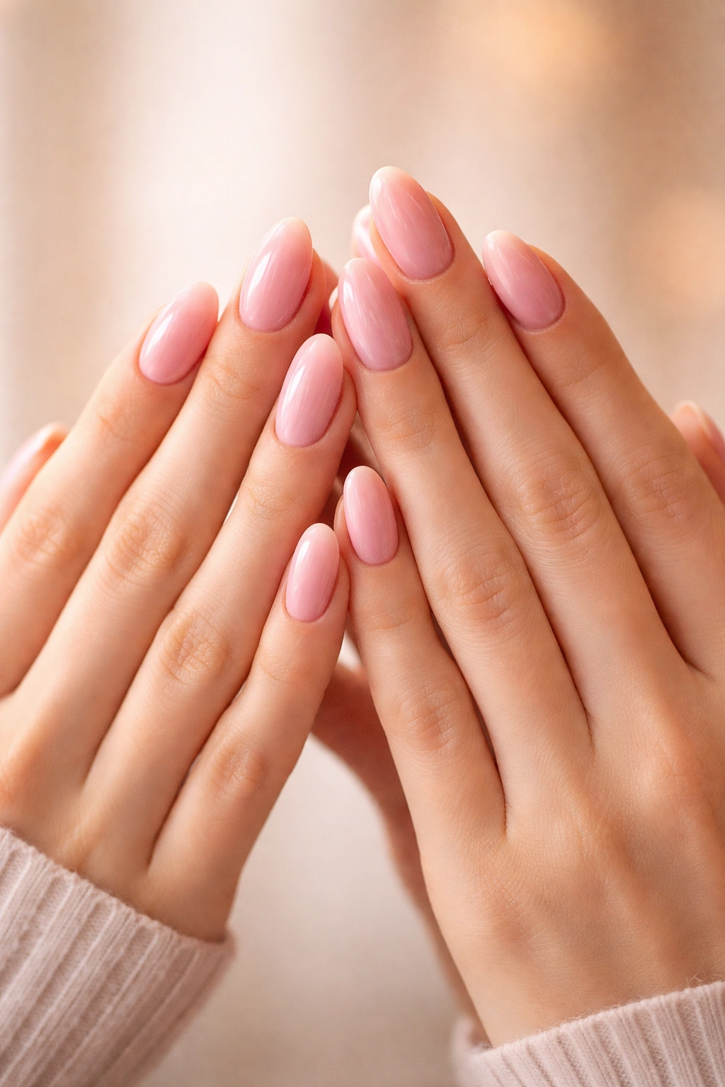 Two hands with matching gel nails in soft pink tones, symbolizing friendship bond