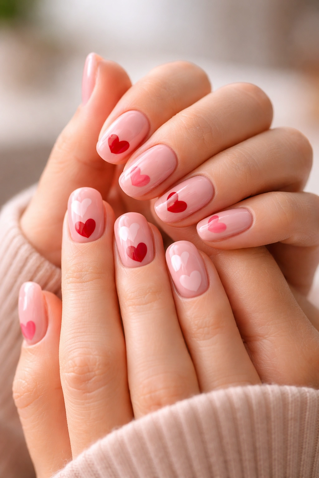 Close-up of two hands with matching heart nail art symbolizing friendship bond