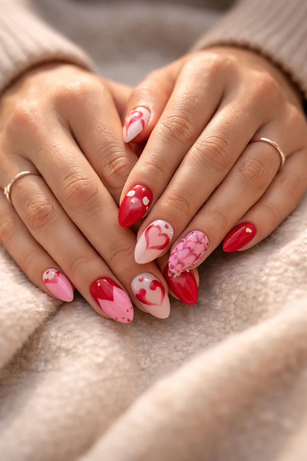 Two hands with matching Valentine nails close-up