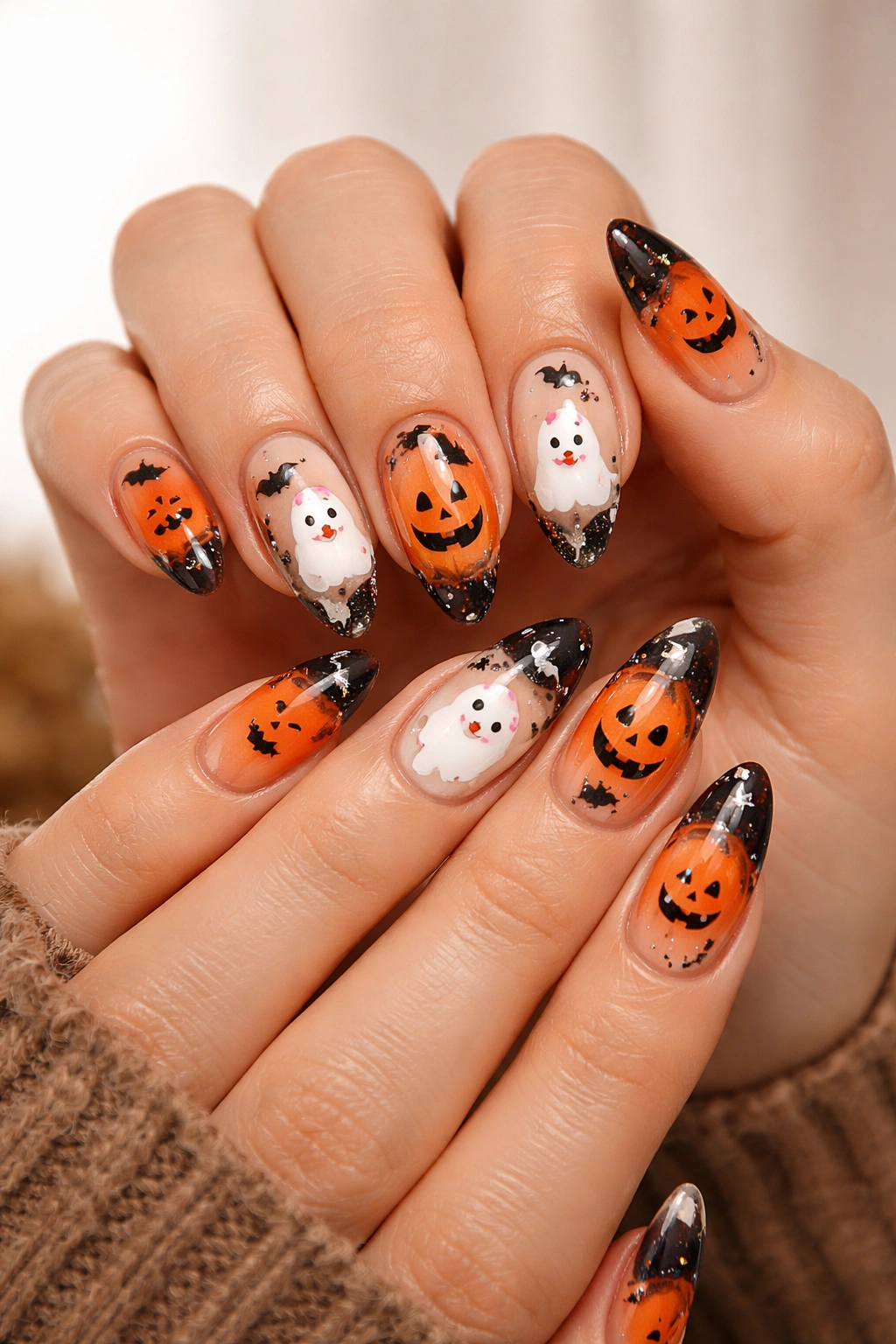 Two hands with matching Halloween nail art on almond nails in orange black and white against a neutral backdrop