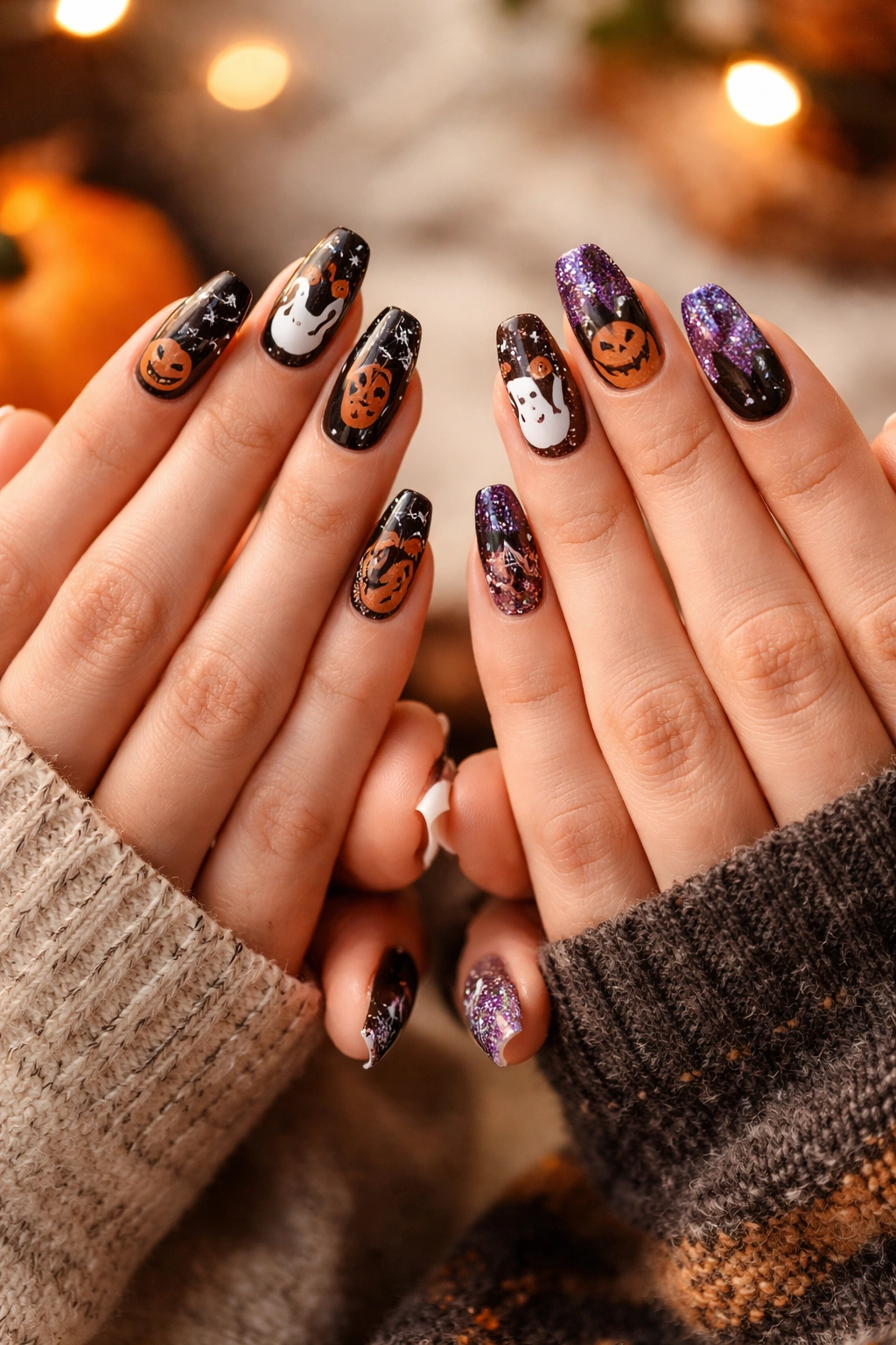 Two hands with matching Halloween nails joined together against a neutral background