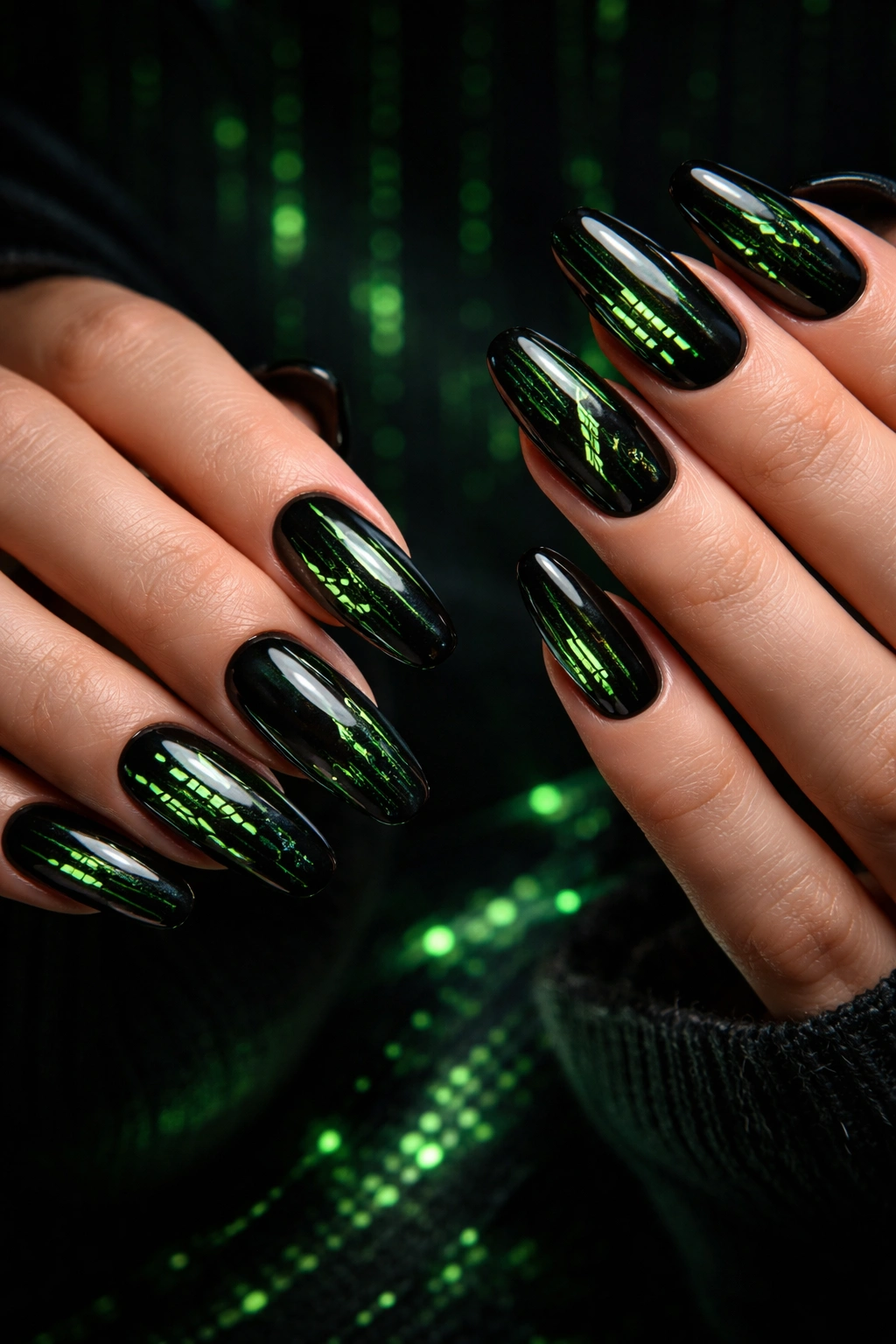Hands with black nails and neon green matrix-style accents