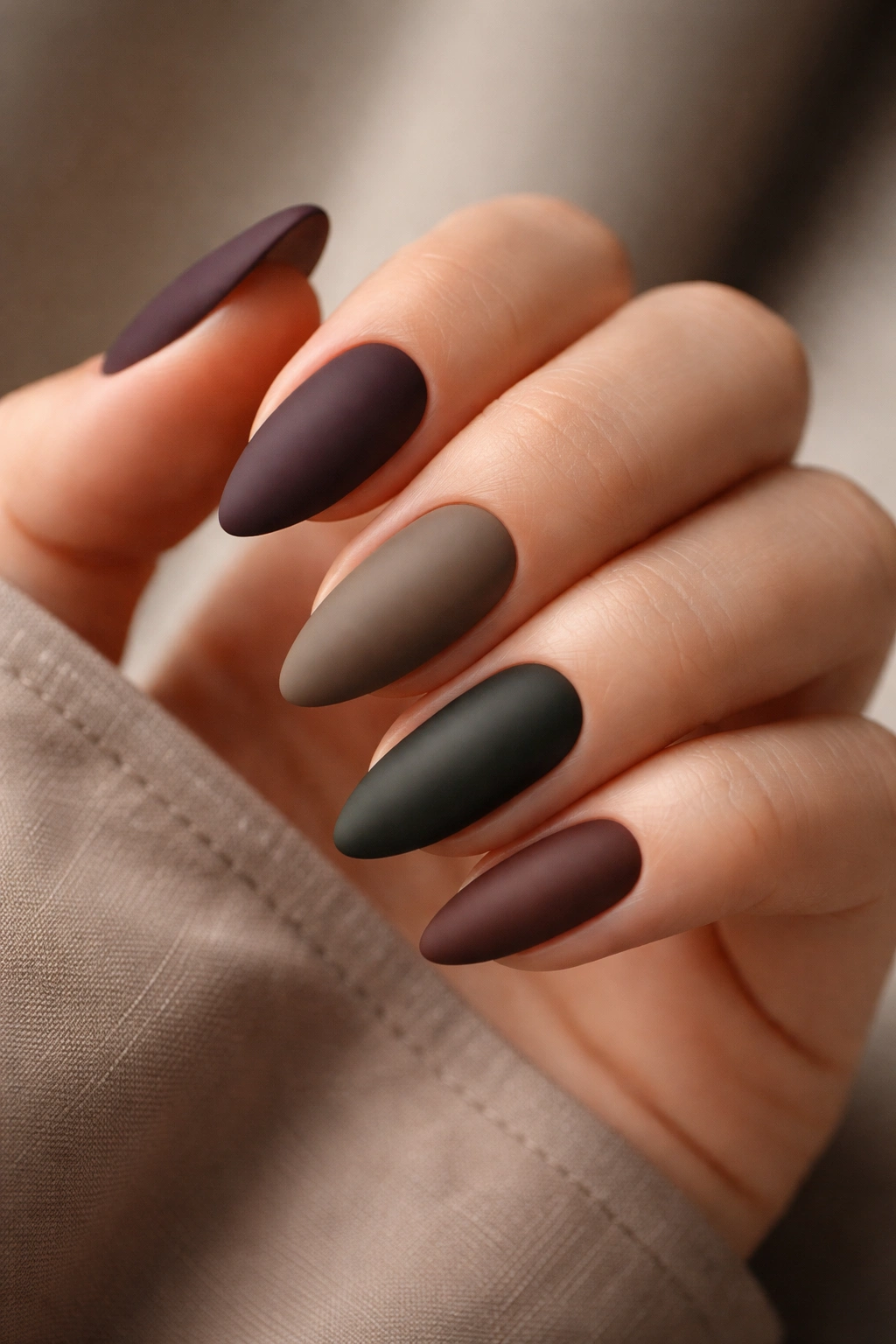Close-up of matte almond nails on a hand in rich tones with velvet, matte finish.