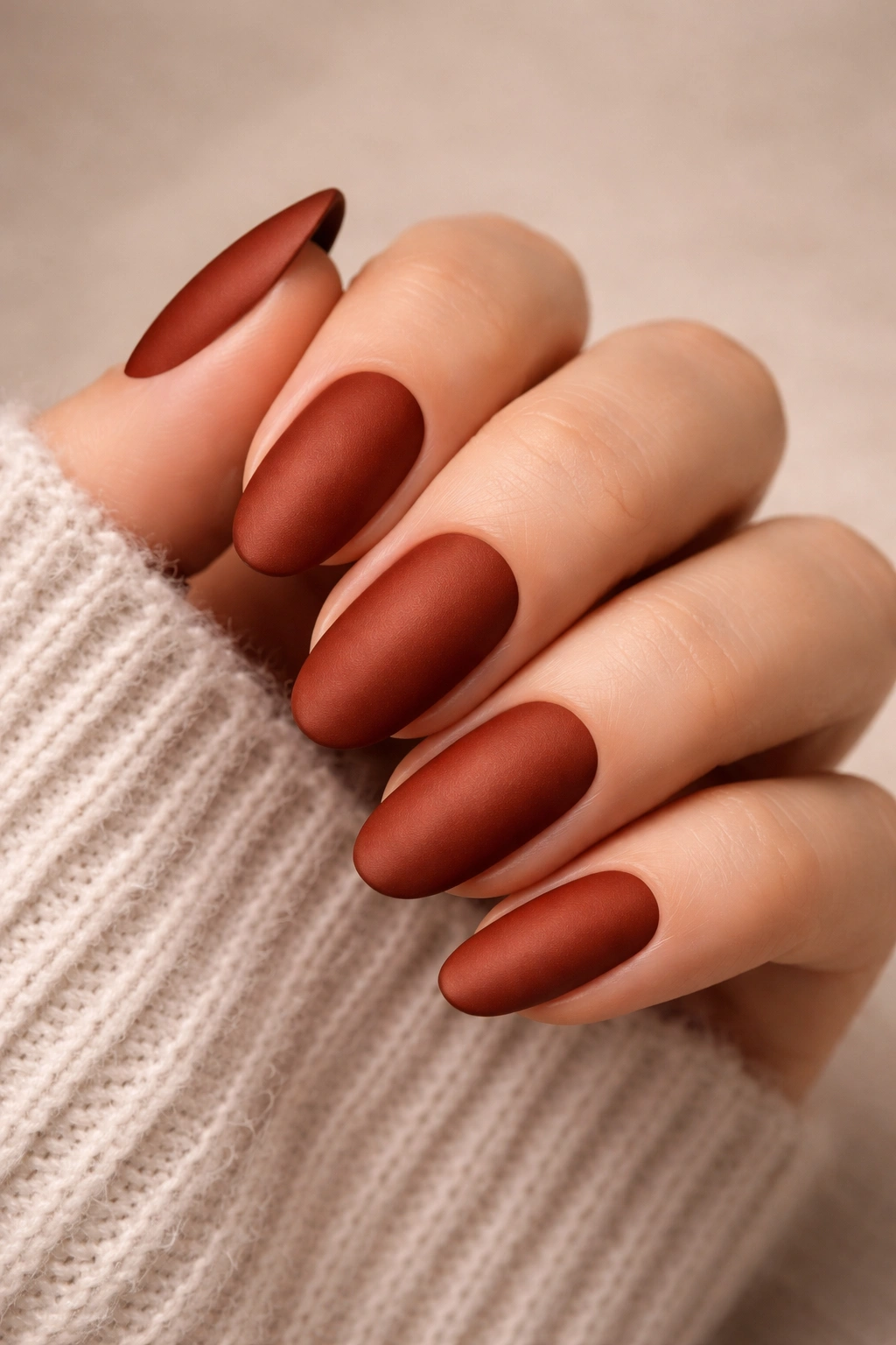 Matte auburn nails with velvety finish