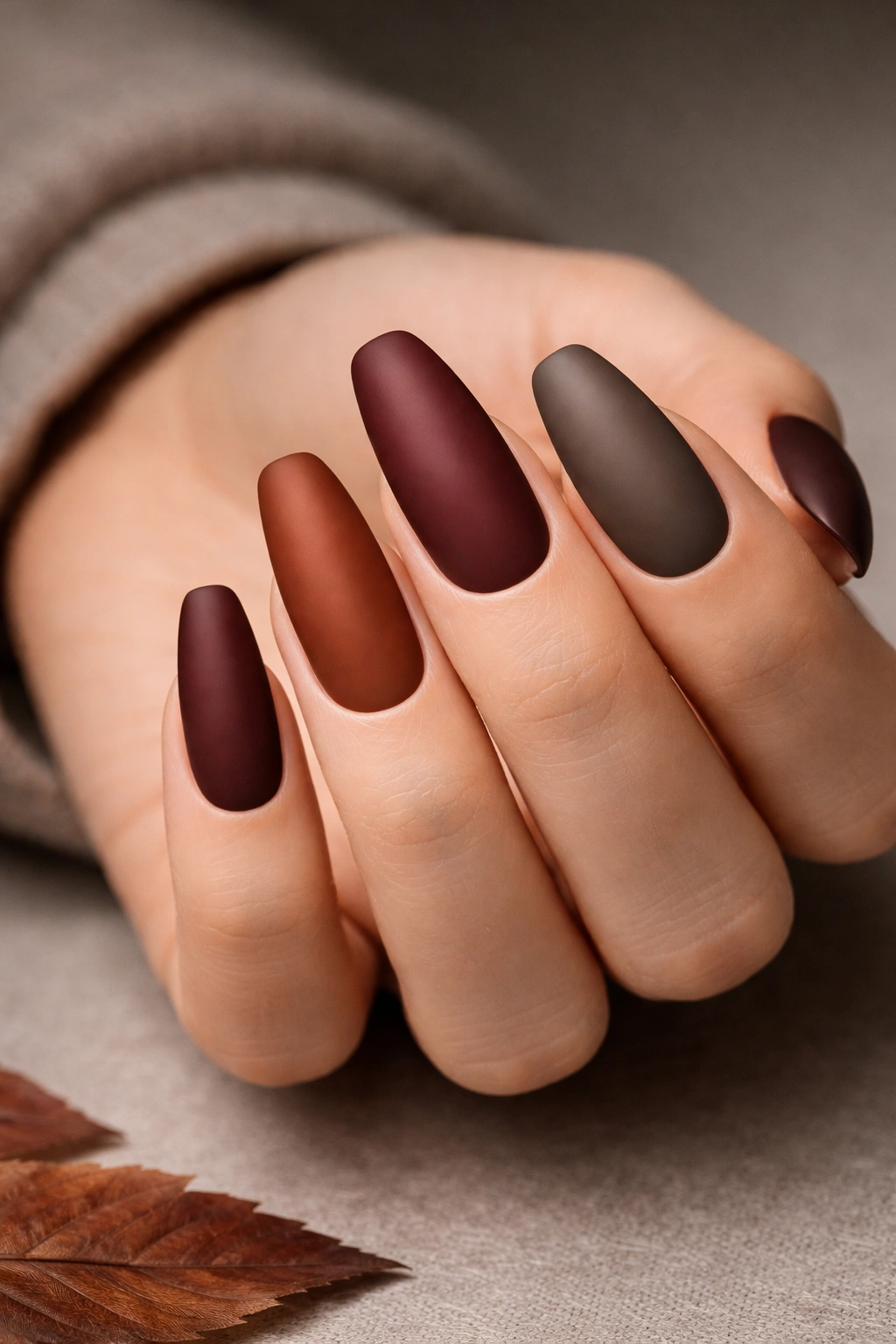 Close-up of matte brown and burgundy nails with velvety finish