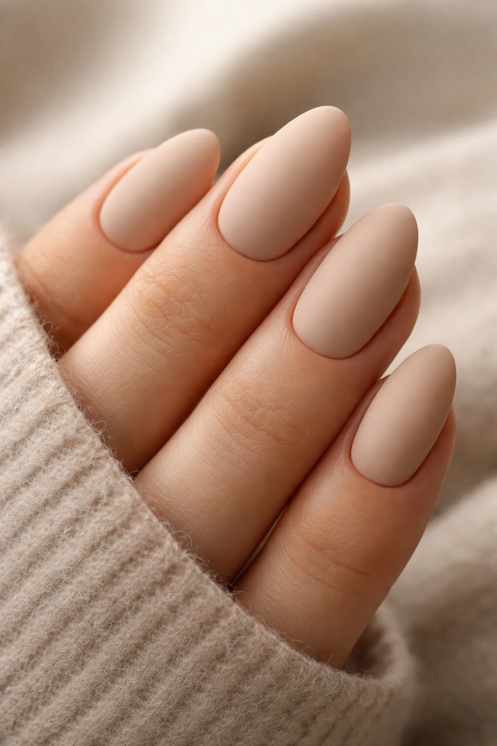 Close-up of matte beige almond nails on short nails