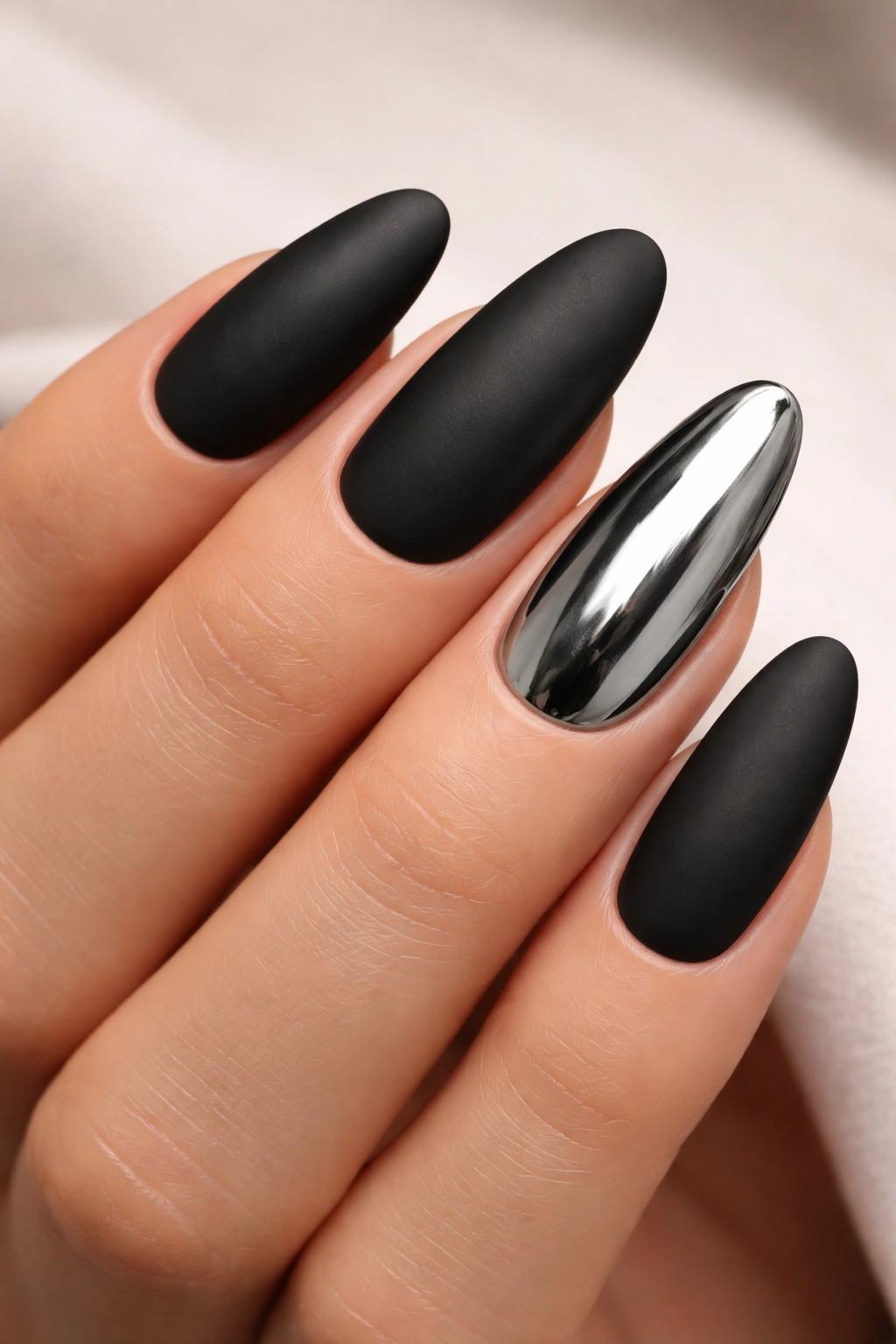Long oval nails matte black with chrome accent nail