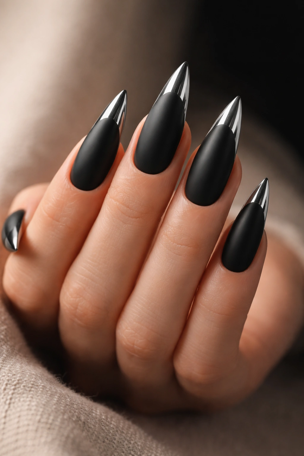 Close-up of matte black stiletto nails with chrome-tipped gradient