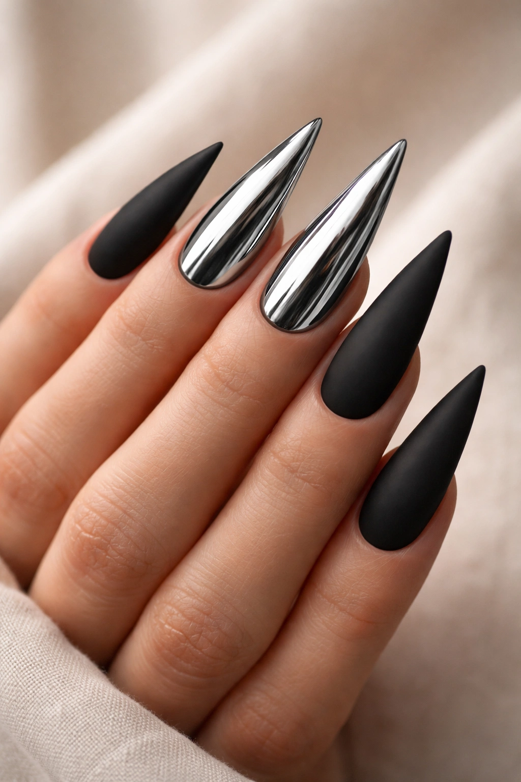 Matte black stiletto nails with chrome accents on two nails