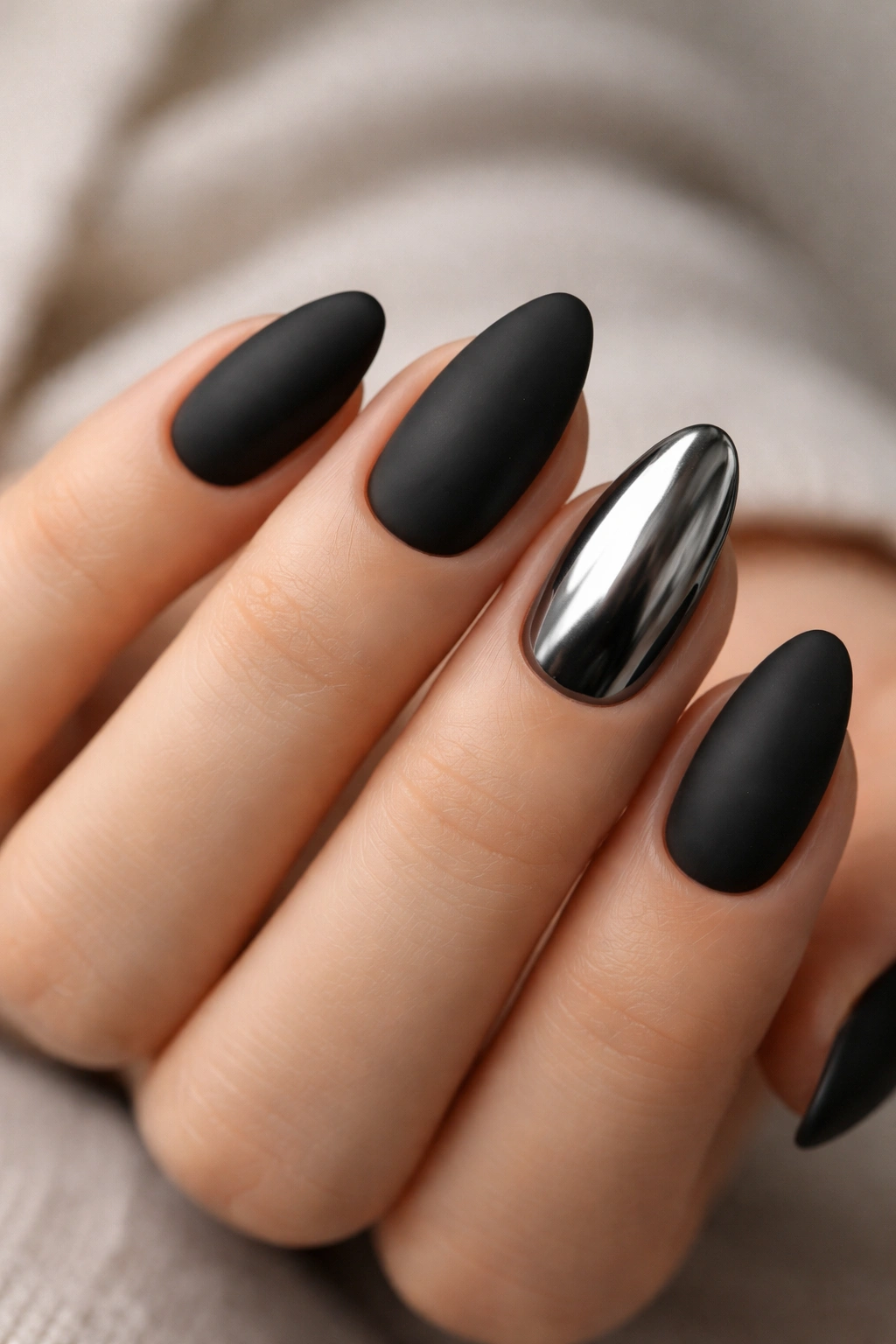 Close-up of matte black nails with chrome accent nails on a short almond hand