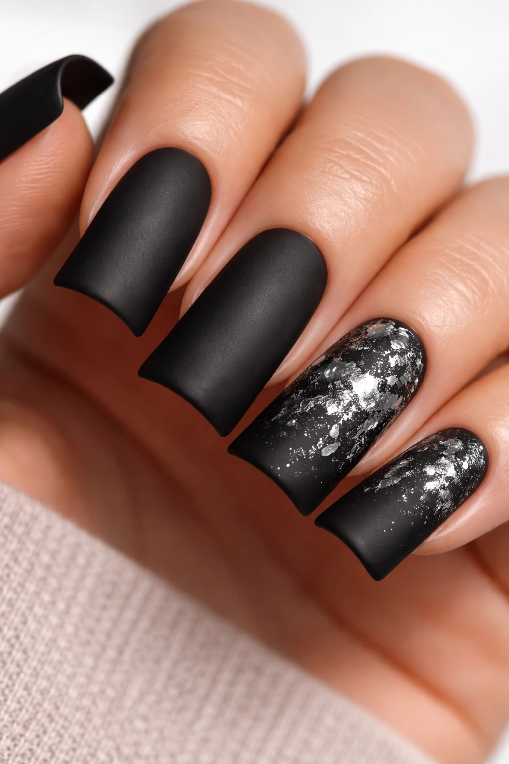 Close-up of matte black nails with chrome powder splatter accents