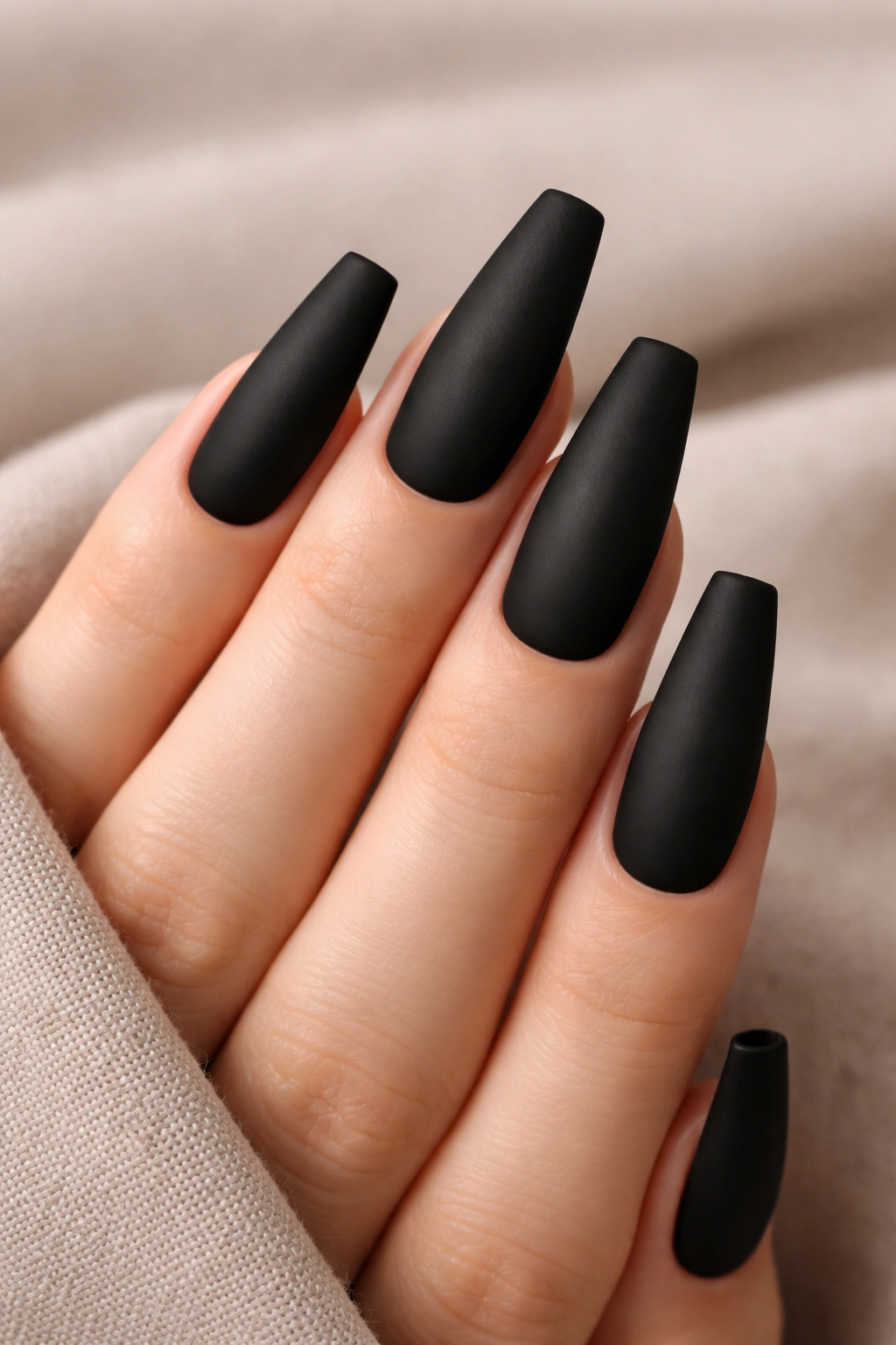 Close-up of matte black coffin nails with velvety finish on a hand